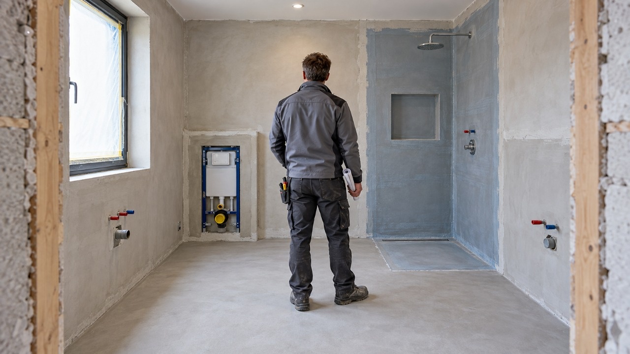 Строитель стоит спиной к камере в ванной комнате, подготовленной к чистовой отделке, с оштукатуренными стенами, гидроизоляцией душевой и выводами коммуникаций.